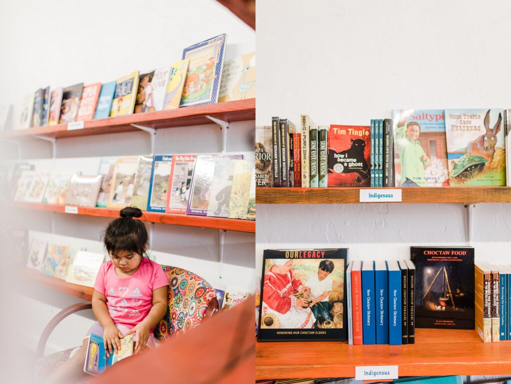 Young indigenous girl reading a book in the children's section of Sundrop Books.