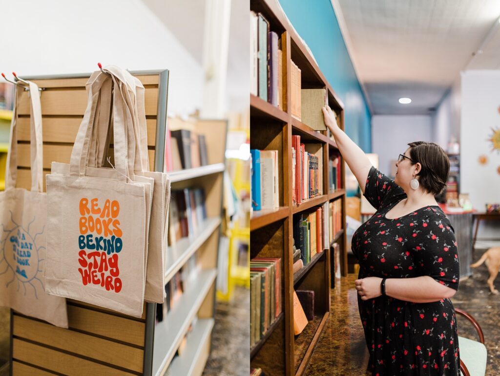 First photo: Canvas bags that say "Red books Be kind Stay weird"
Second photo: Woman reaching up towards a book on a bookshelf.