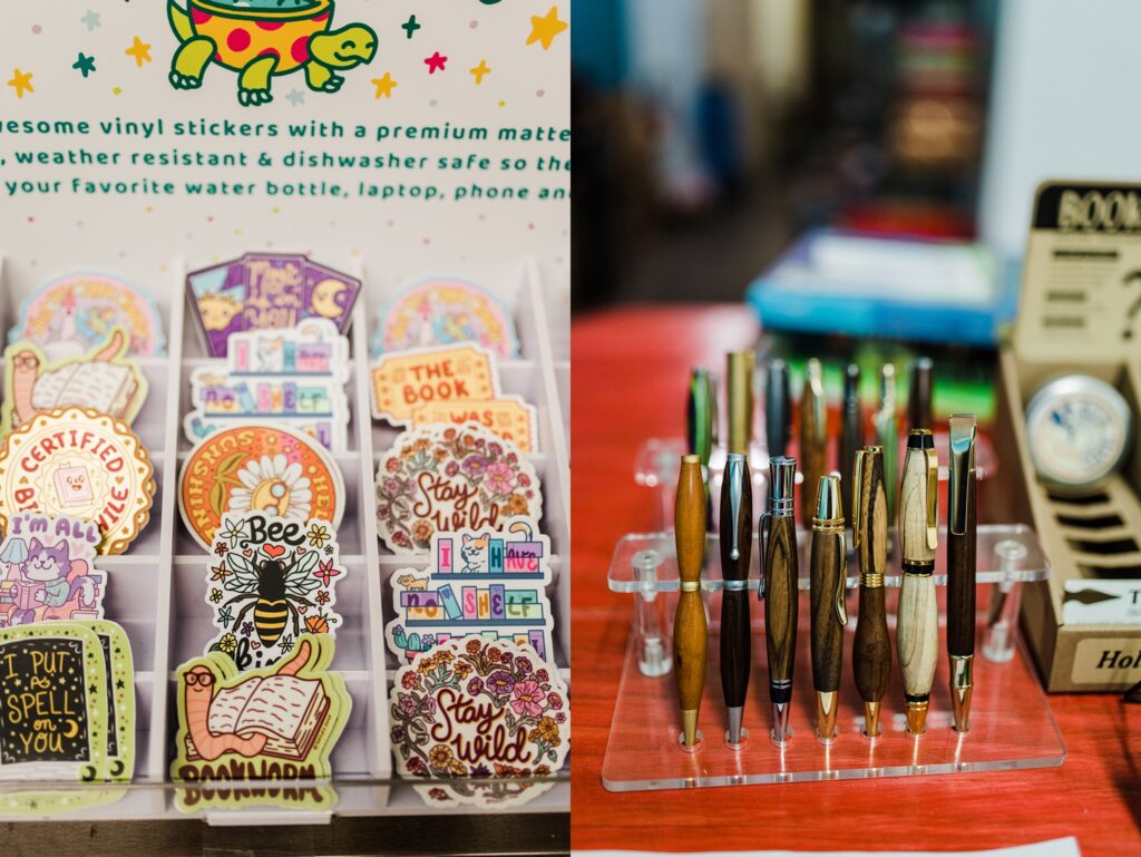 First photo: Stickers for sale at Sundrop Books.
Second photo: Handmade wooden pens for sale at Sundrop Books