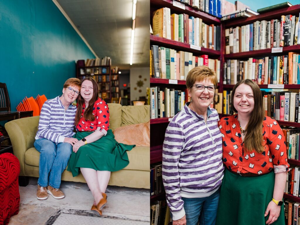 First photo: Owner of Sundrop Books sitting together with her mother on a green couch.
Second photo: Owner of Sundrop Books standing in bookshelves with her mother.