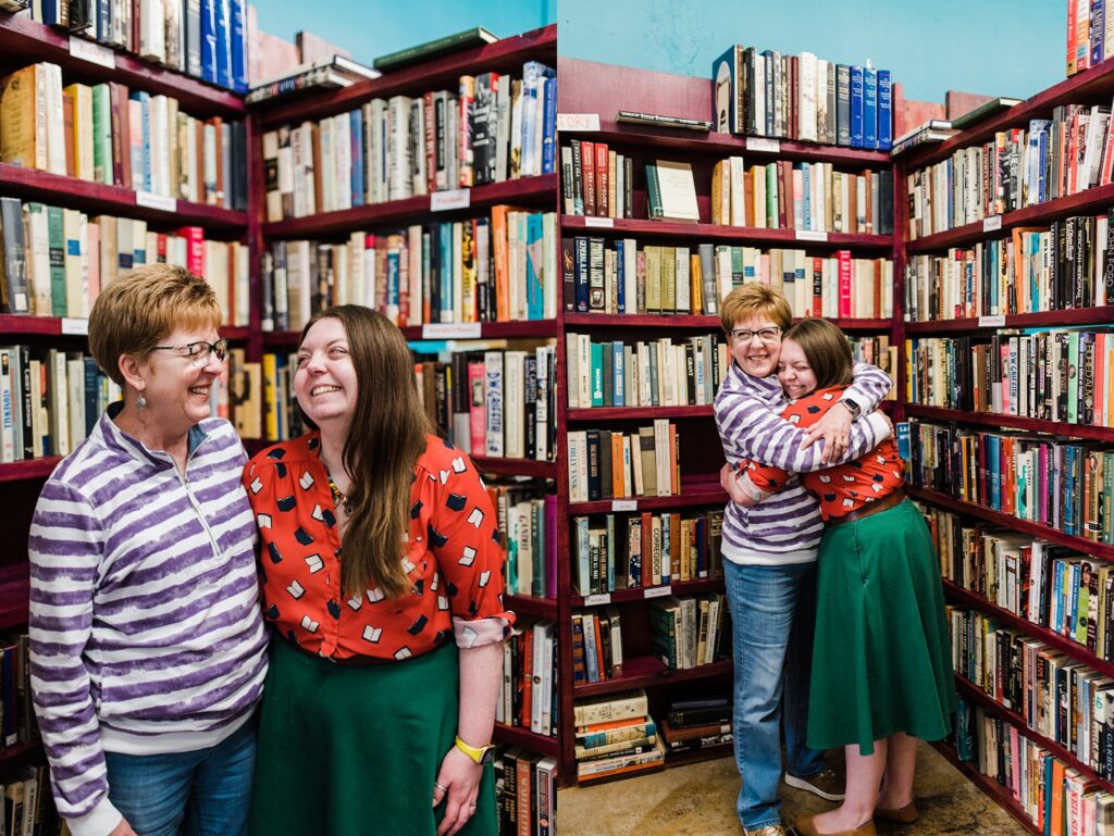 Owner of Sundrop Books standing in bookshelves with her mother laughing and smiling.