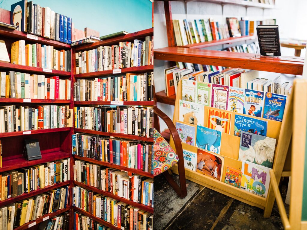 Photos of the bookshelves inside of Sundrop Books during their brand session.