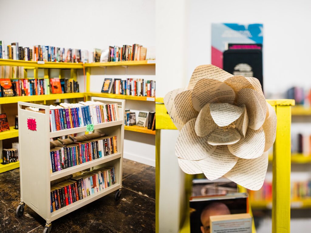 Photos of the bookshelves inside of Sundrop Books during their brand session.