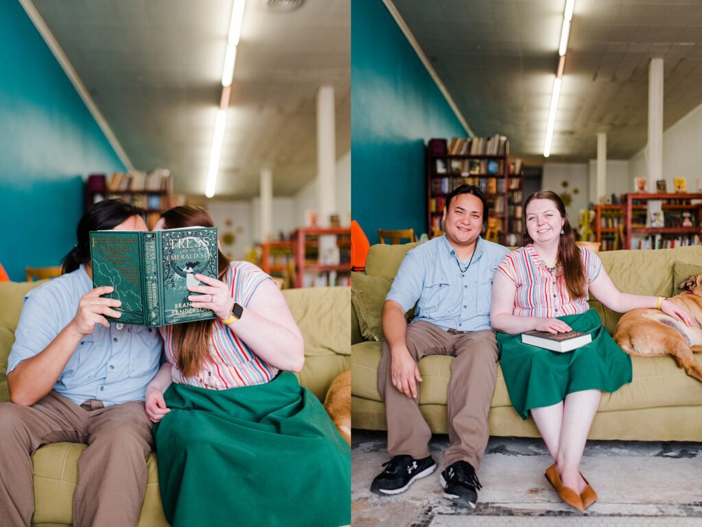 Owners of Sundrop Books sitting on green couch smiling.
