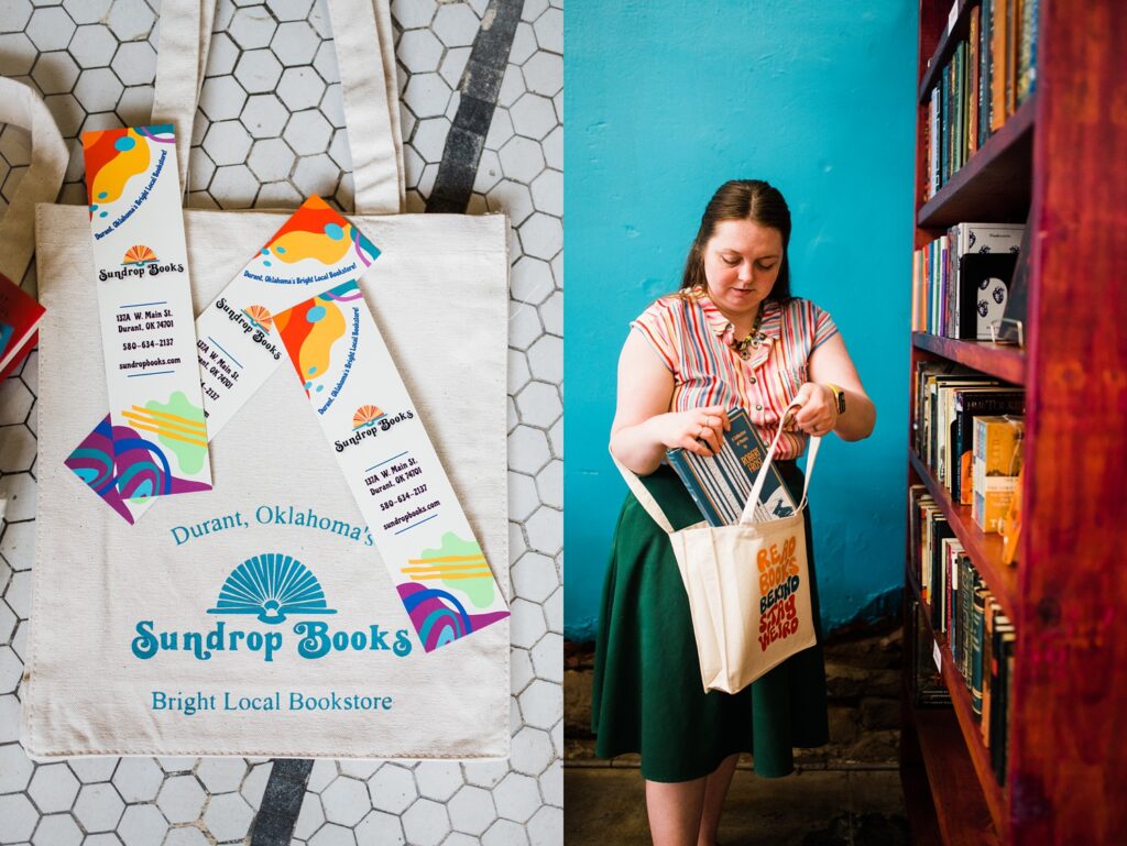 First photo: Canvas bag that reads "Red books, Be kind, Stay weird" with  bookmarks all around it.
Second photo: Owner of Sundrop books holding canvas bag and putting books into it.