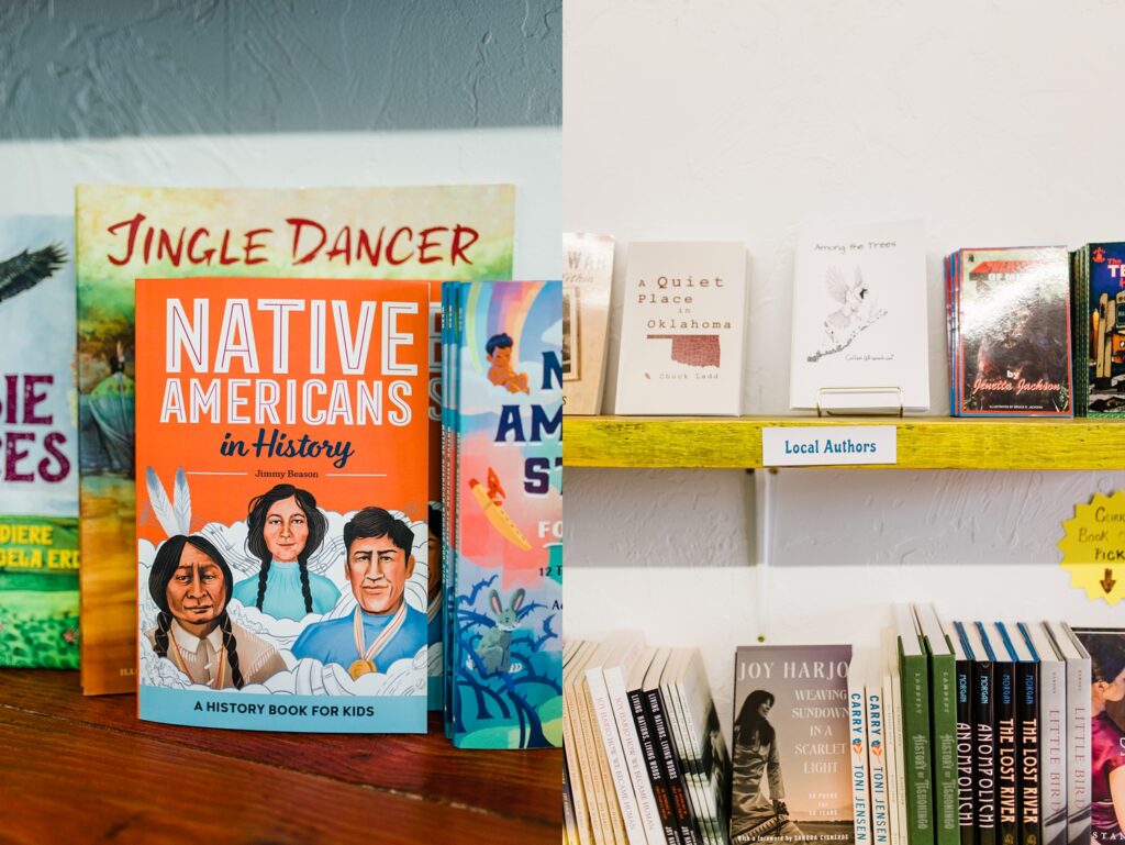 Indigenous books on a bookshelf at Sundrop Books in Durant Oklahoma.