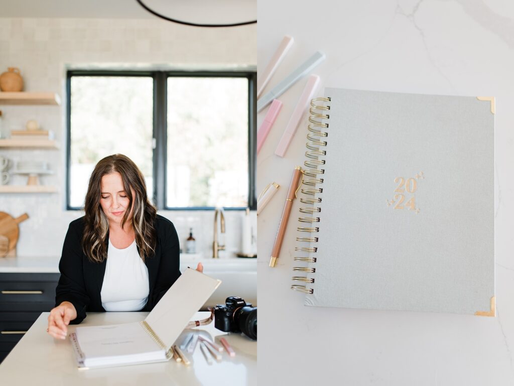 Woman opening planner at kitchen island and photo of just planner