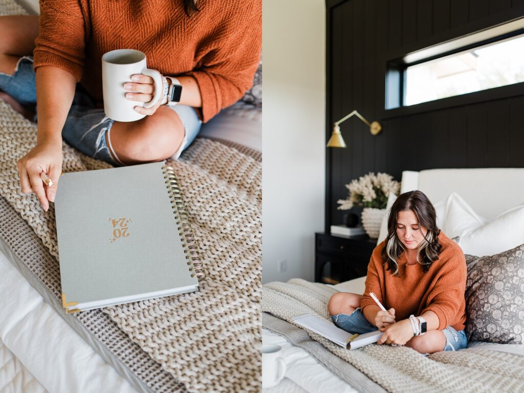 Woman laying in a bed writing in planner