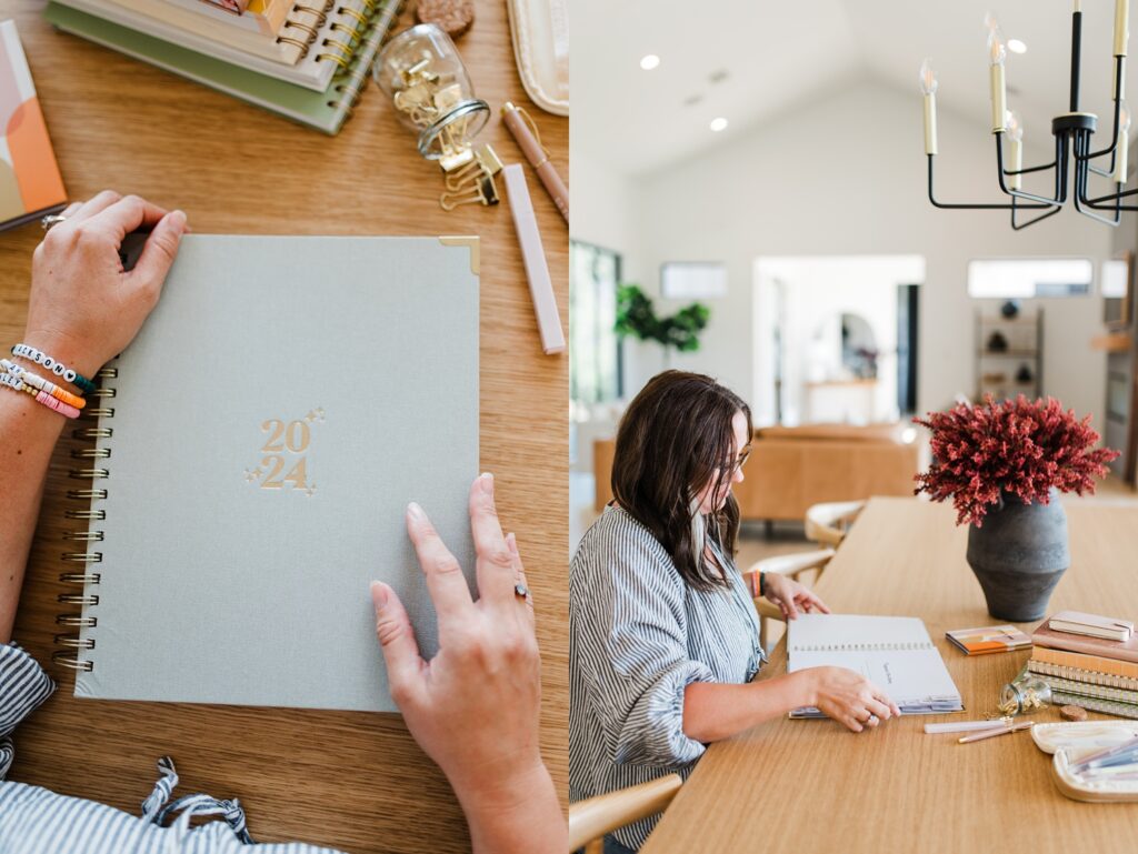 Woman writing in planner at kitchen table